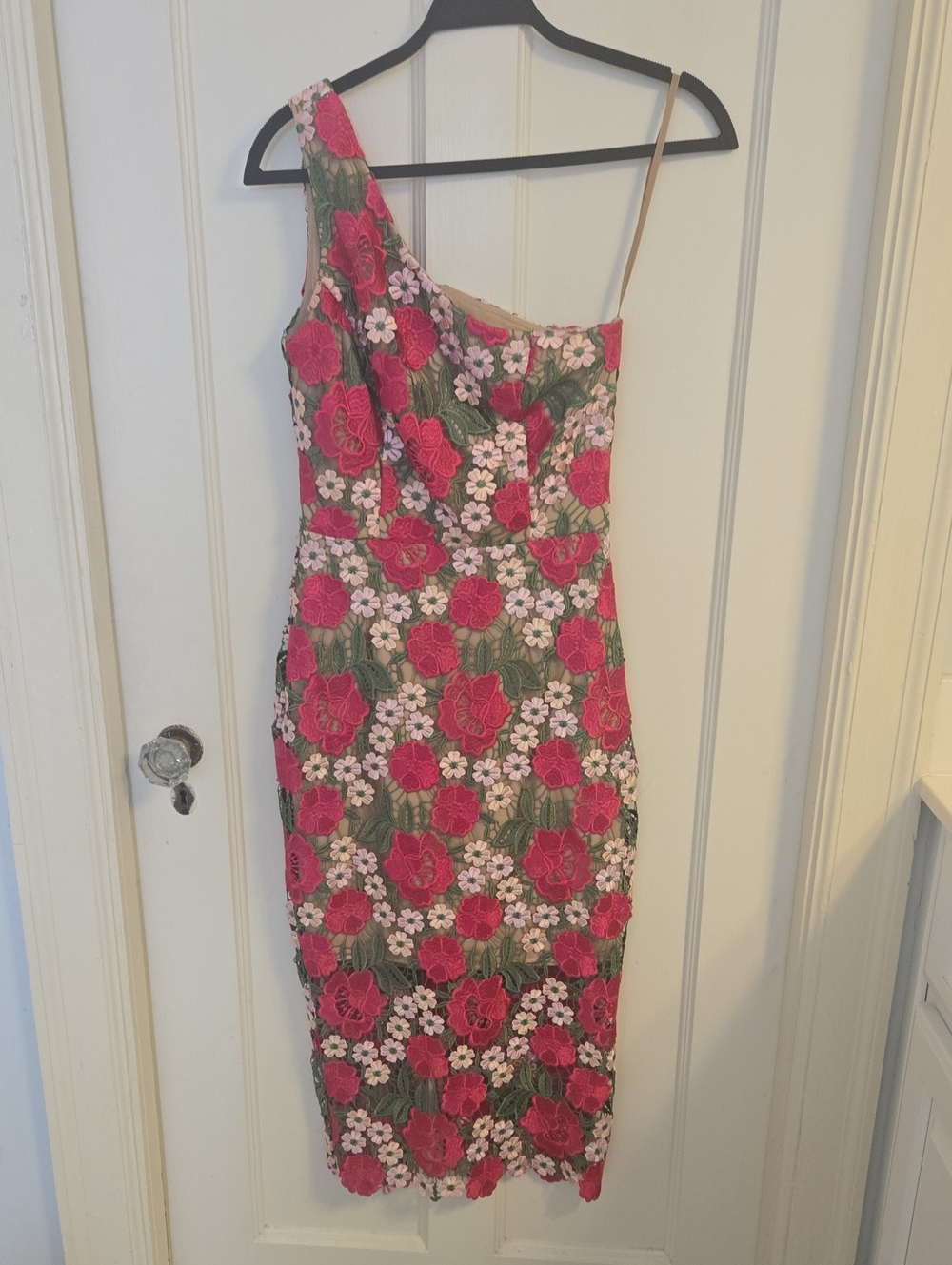 Floral One-Shoulder Sheath Dress in Hot Pink(Fuschia) & Green Size 2